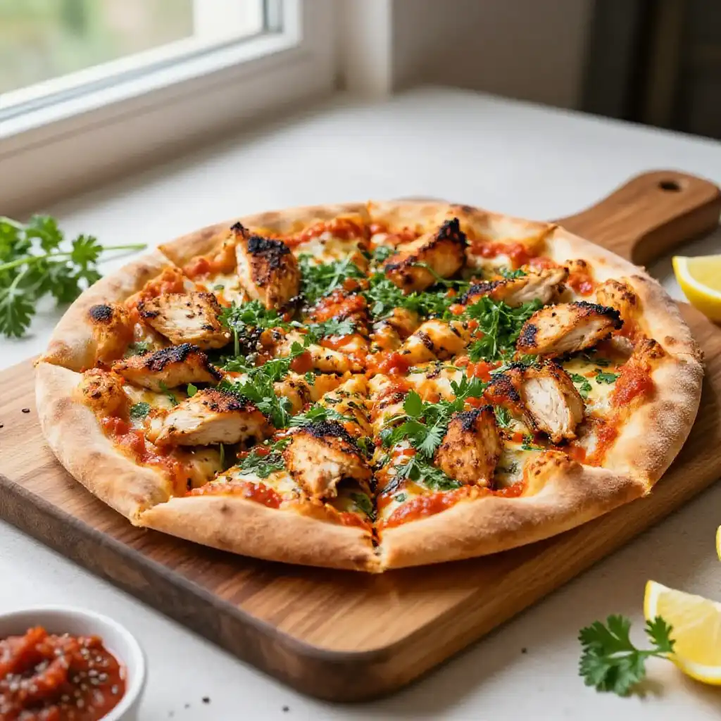 Grilled Fluffy Za'atar Chicken Pizza with Bright Harissa Drizzle plated dish