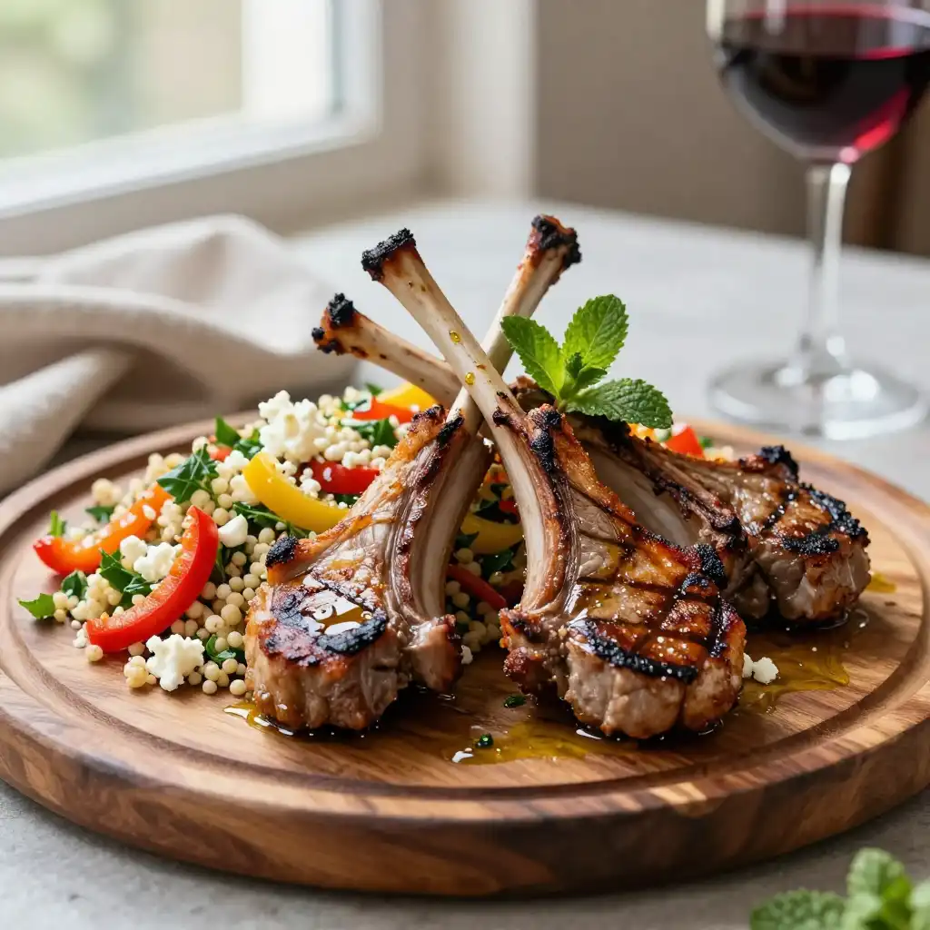 Grilled Peruvian Crunchy Lamb Chops with Garlic Butter Quinoa Salad plated dish