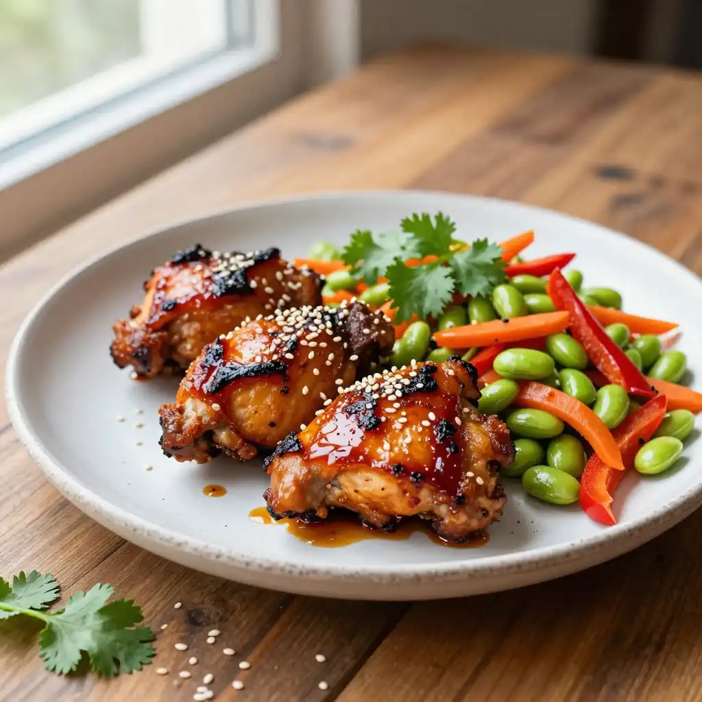 Grilled Zesty Gochujang Chicken Thighs with Sesame Edamame Stir-Fry plated dish