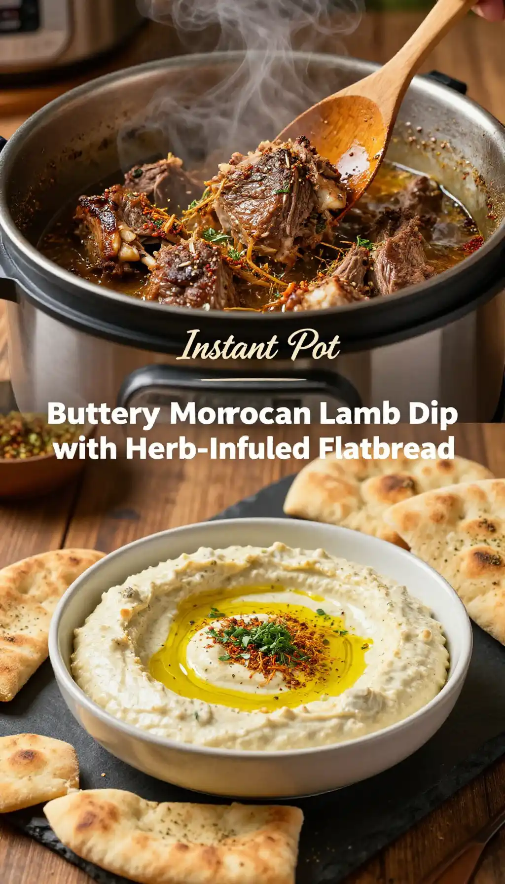 Instant Pot Buttery Moroccan Lamb Dip with Herb-Infused Flatbread pinterest pin