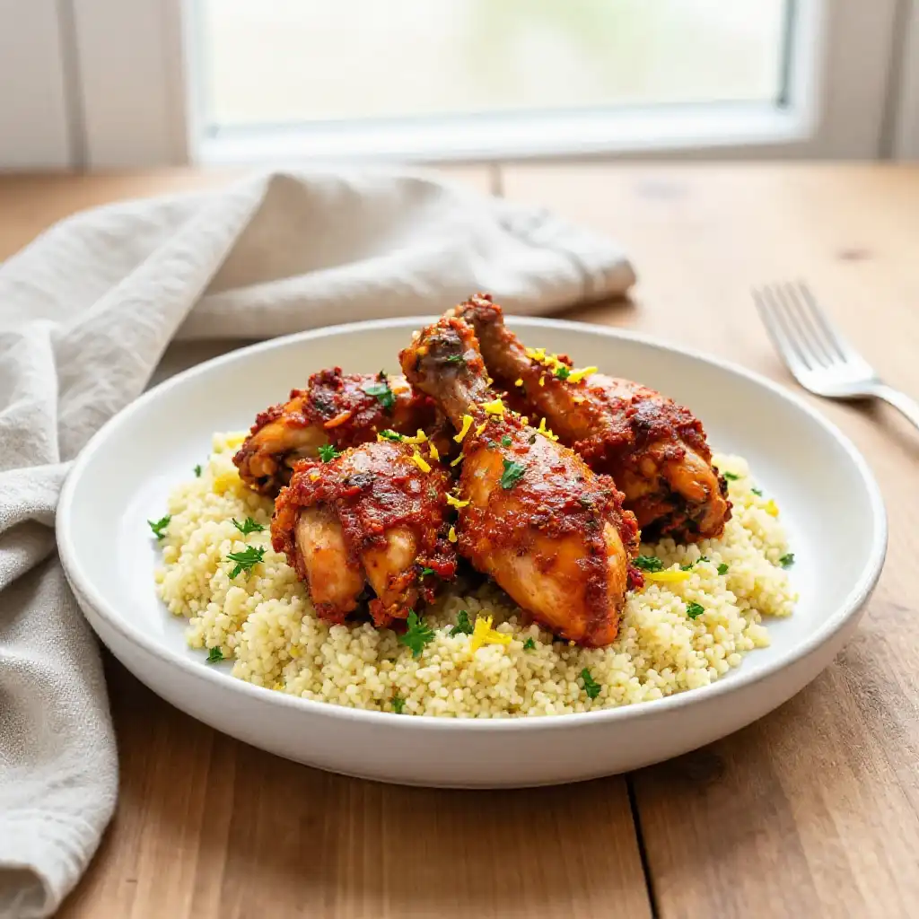 Instant Pot Tender Zesty Harissa Chicken Thighs with Lemon Couscous plated dish