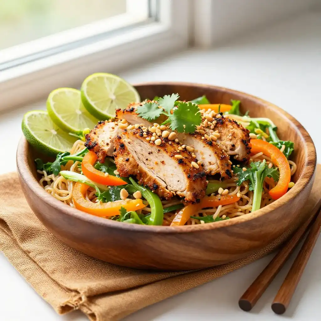 Make-Ahead Cast Iron Juicy Spiced Thai Chicken Noodle Salad (Sugar-Free) plated dish