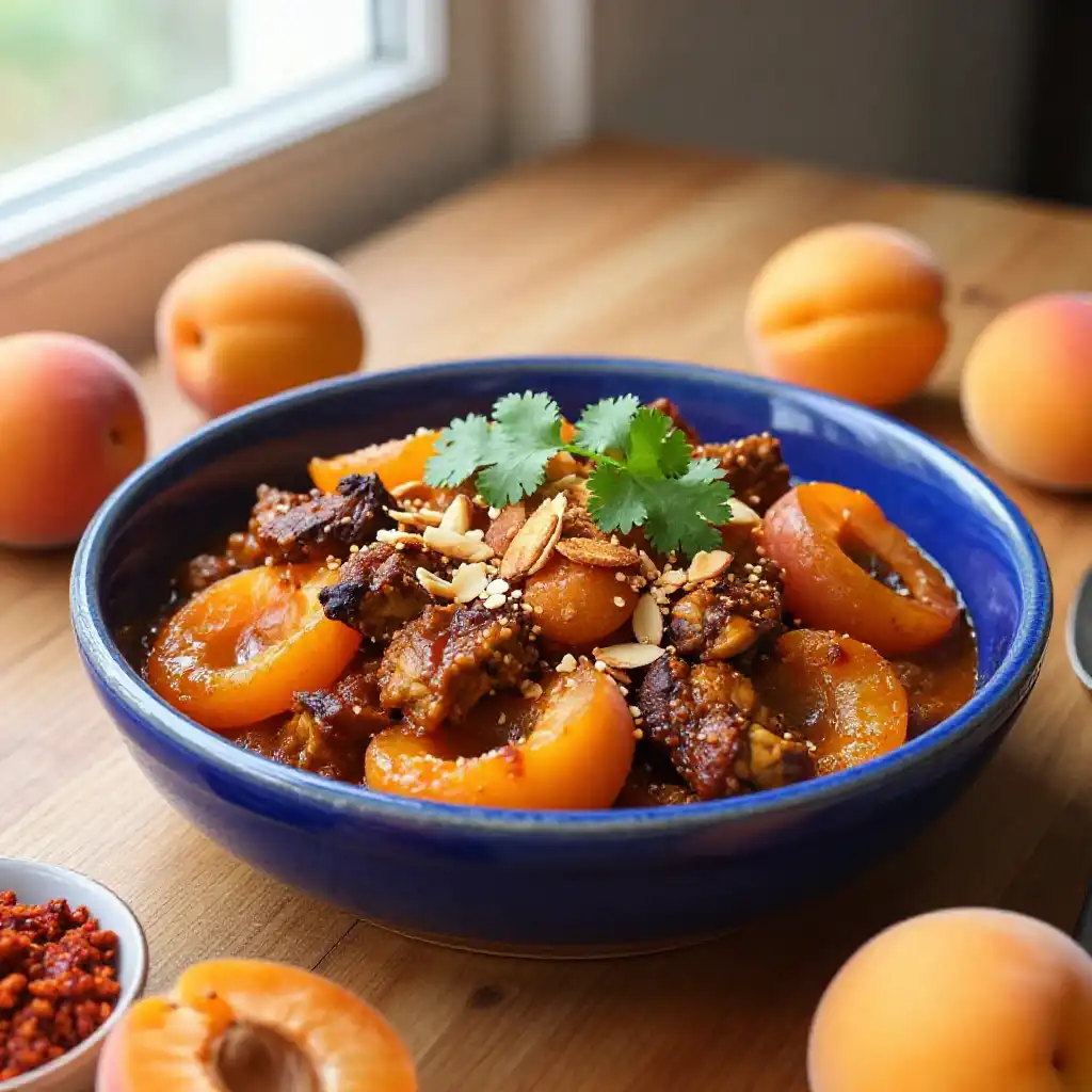 Make-Ahead Dutch Oven Caramelized Spiced Jackfruit Tagine with Apricots plated dish