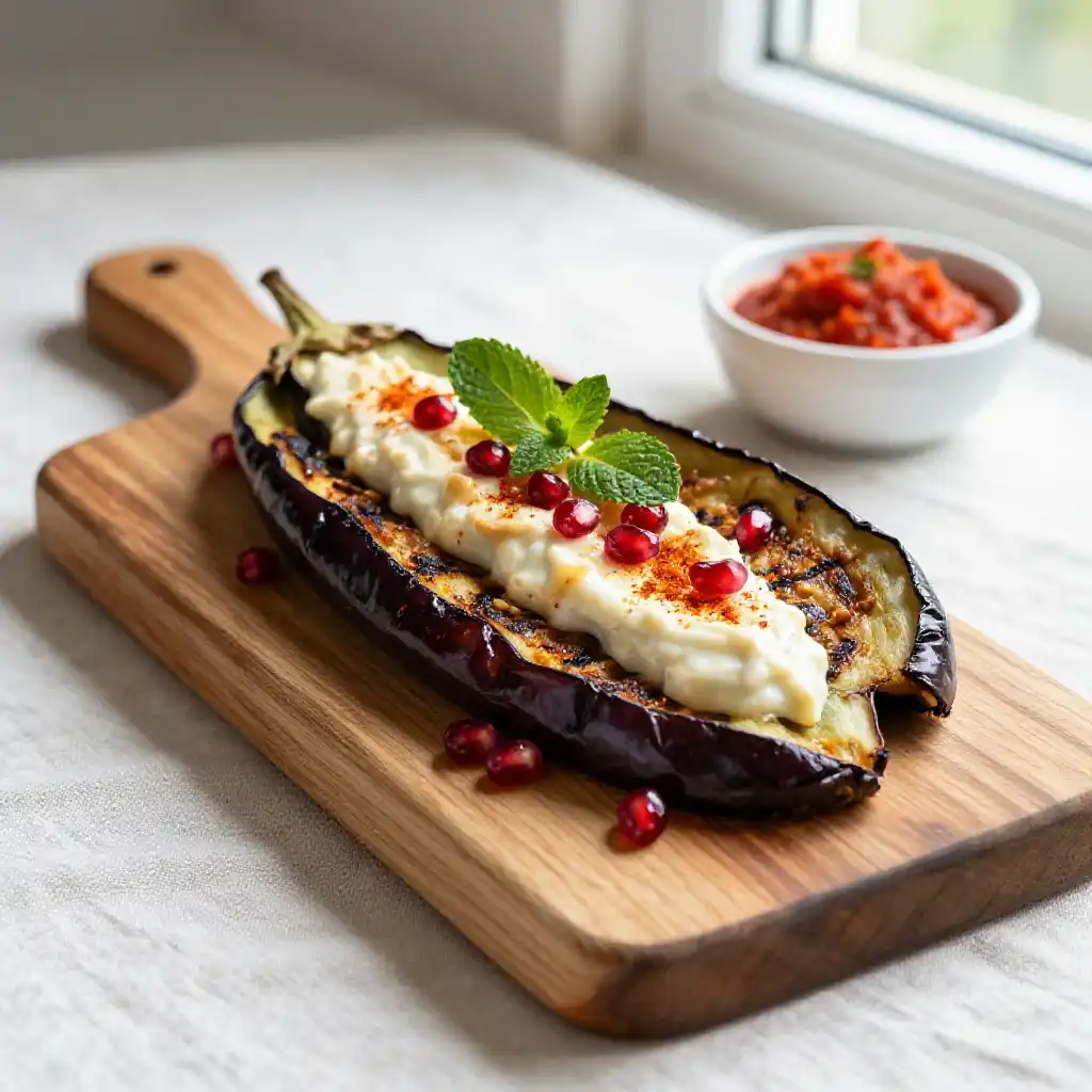 Make-Ahead Grilled Moroccan Eggplant with Creamy Aromatic Cashew 'Yogurt' plated dish