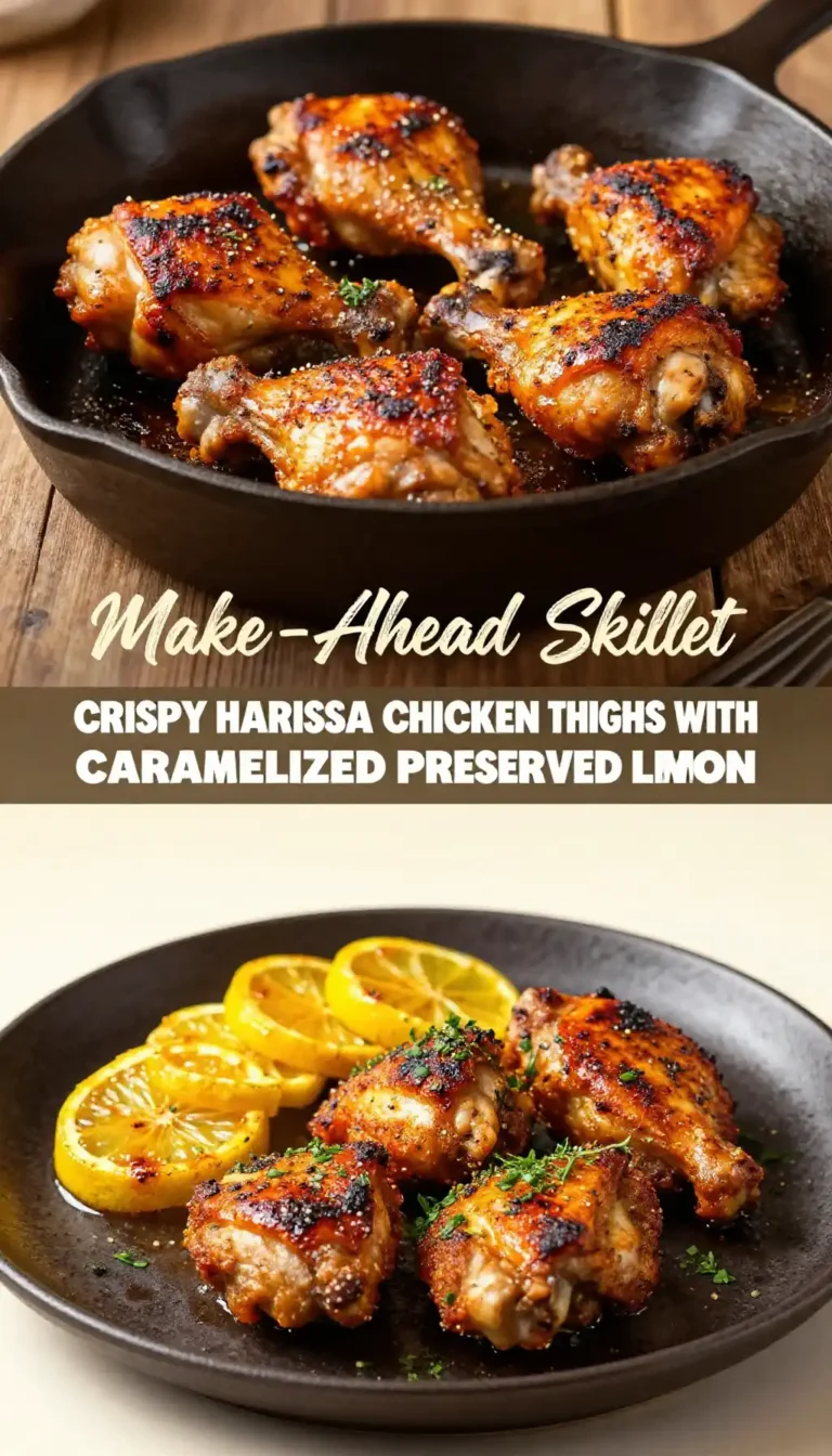 Make-Ahead Skillet Crispy Harissa Chicken Thighs with Caramelized Preserved Lemon
