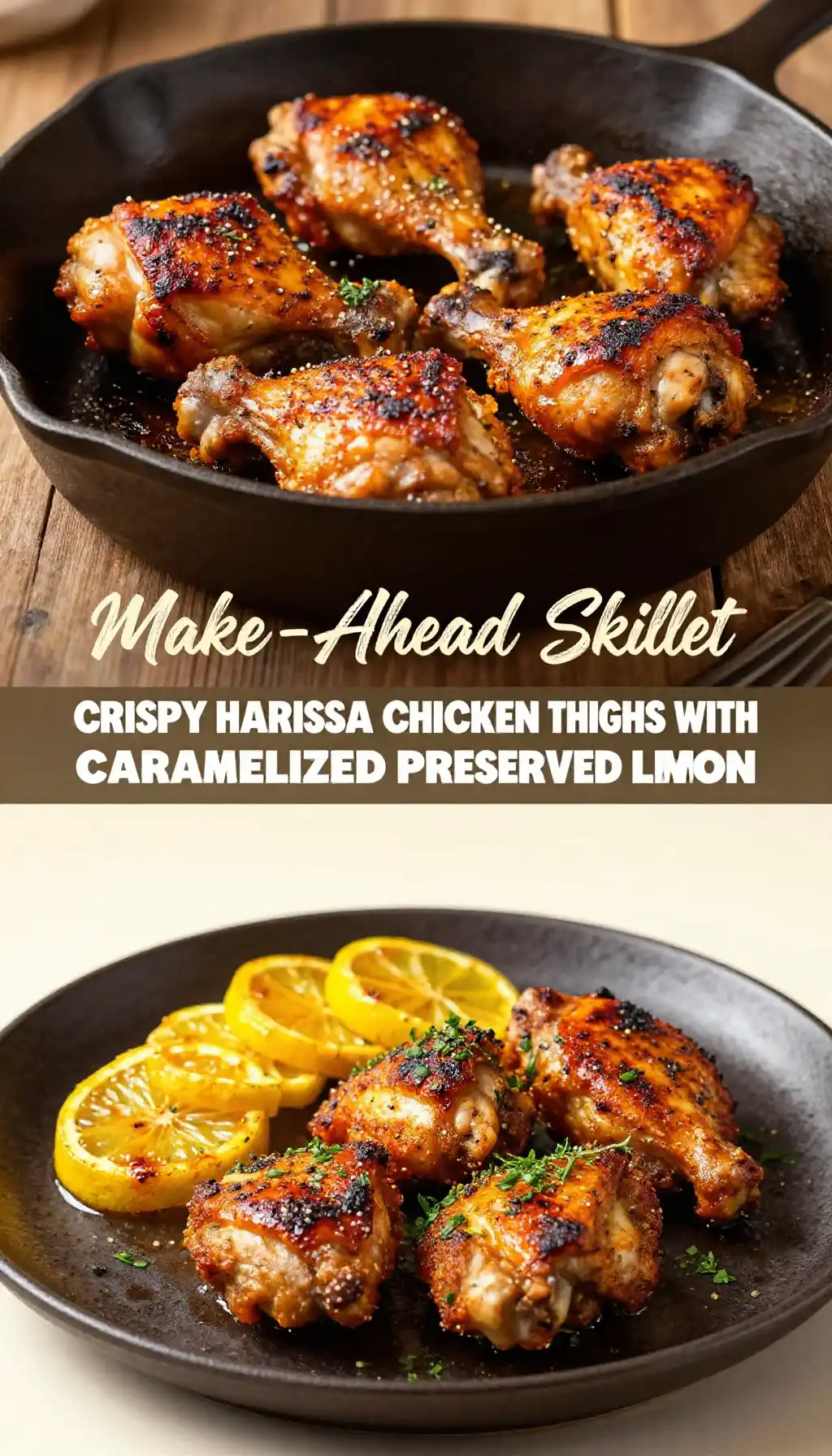 Make-Ahead Skillet Crispy Harissa Chicken Thighs with Caramelized Preserved Lemon