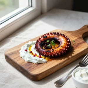 Step by step No-Cook Charred Tangy Turkish Vegan Octopus with Sumac Raita