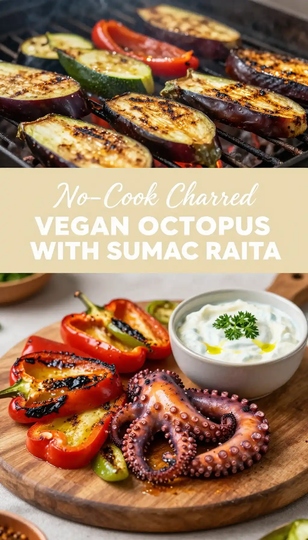 No-Cook Charred Tangy Turkish Vegan Octopus with Sumac Raita pinterest pin