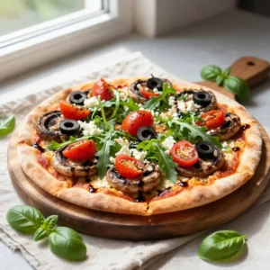 Step by step No-Cook Charred Umami Greek Whole30 Portobello Pizza
