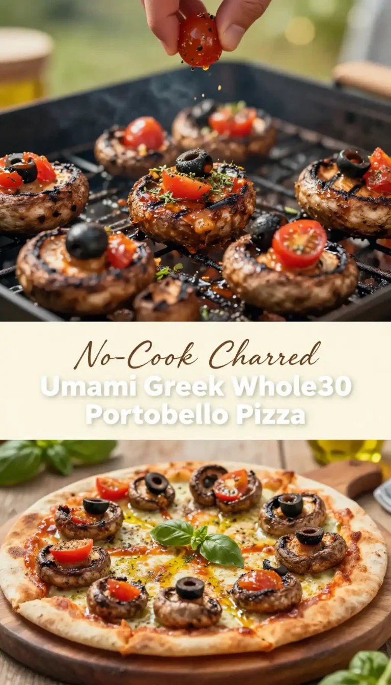 No-Cook Charred Umami Greek Whole30 Portobello Pizza