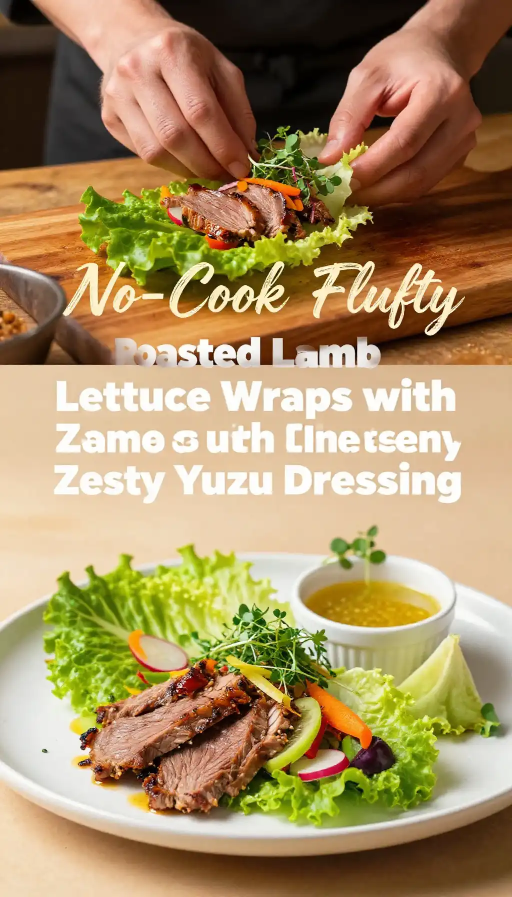No-Cook Fluffy Roasted Lamb Lettuce Wraps with Zesty Yuzu Dressing pinterest pin