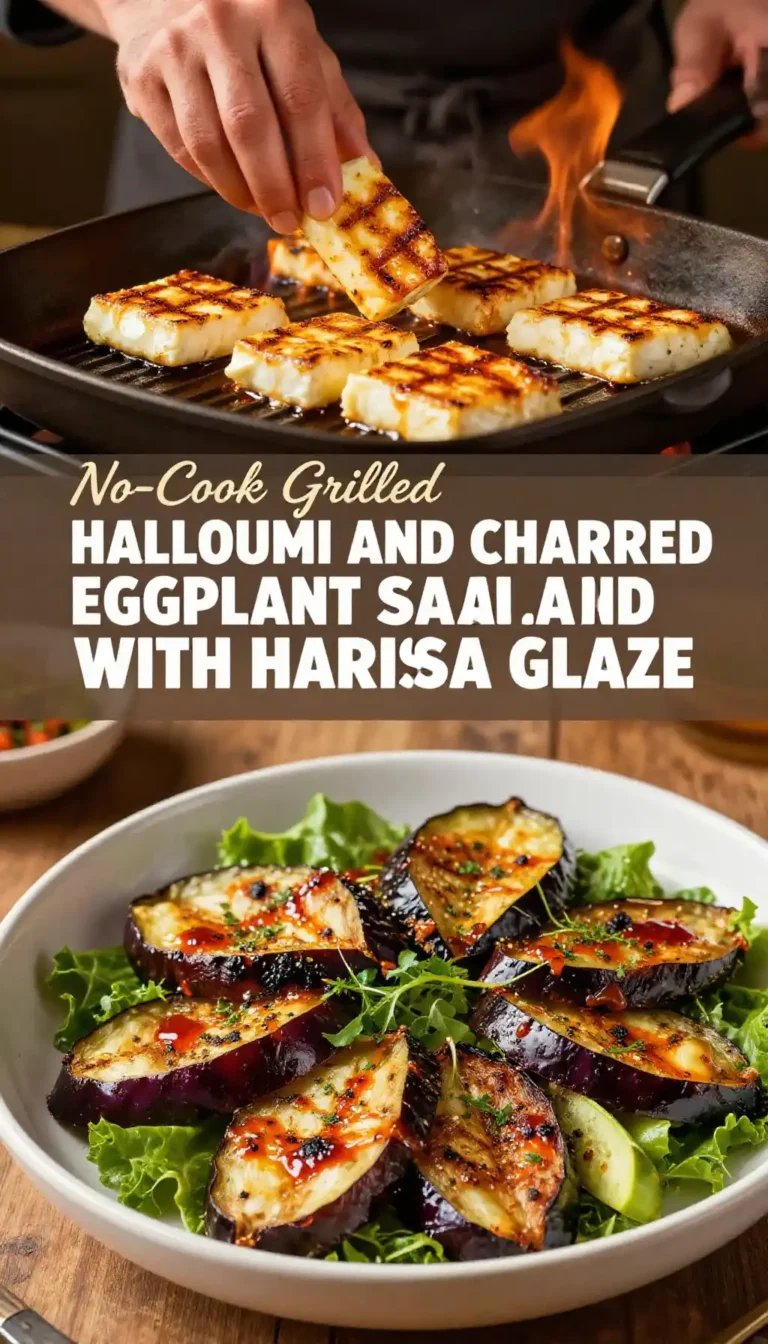 No-Cook Grilled Halloumi and Charred Eggplant Salad with Harissa Glaze