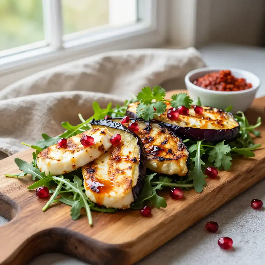 No-Cook Grilled Halloumi and Charred Eggplant Salad with Harissa Glaze plated dish
