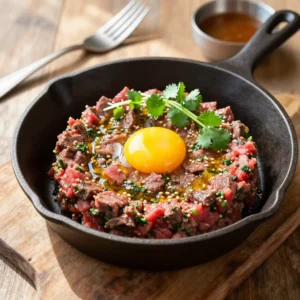 Step by step No-Cook Juicy Herbaceous Korean Beef Tartare in Cast Iron