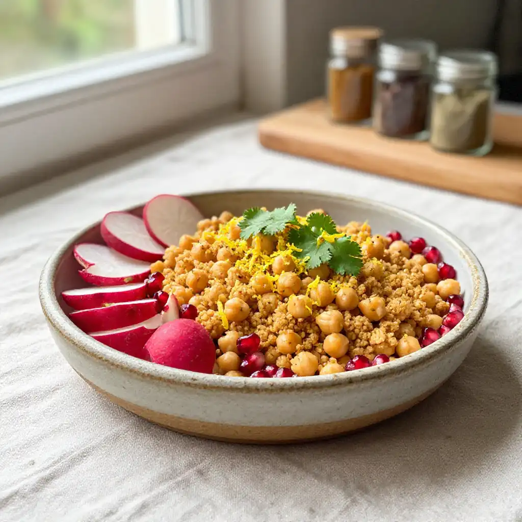 No-Cook Sheet Pan Moroccan Chickpea Crumble with Zesty Umami Crunch plated dish