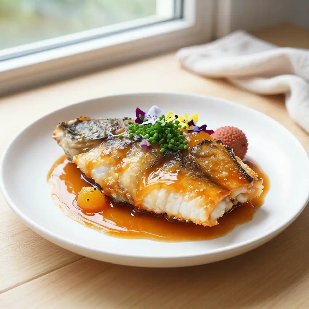One-Hour Braised Fluffy Black Cod with Sweet-Sour Lychee Glaze plated dish
