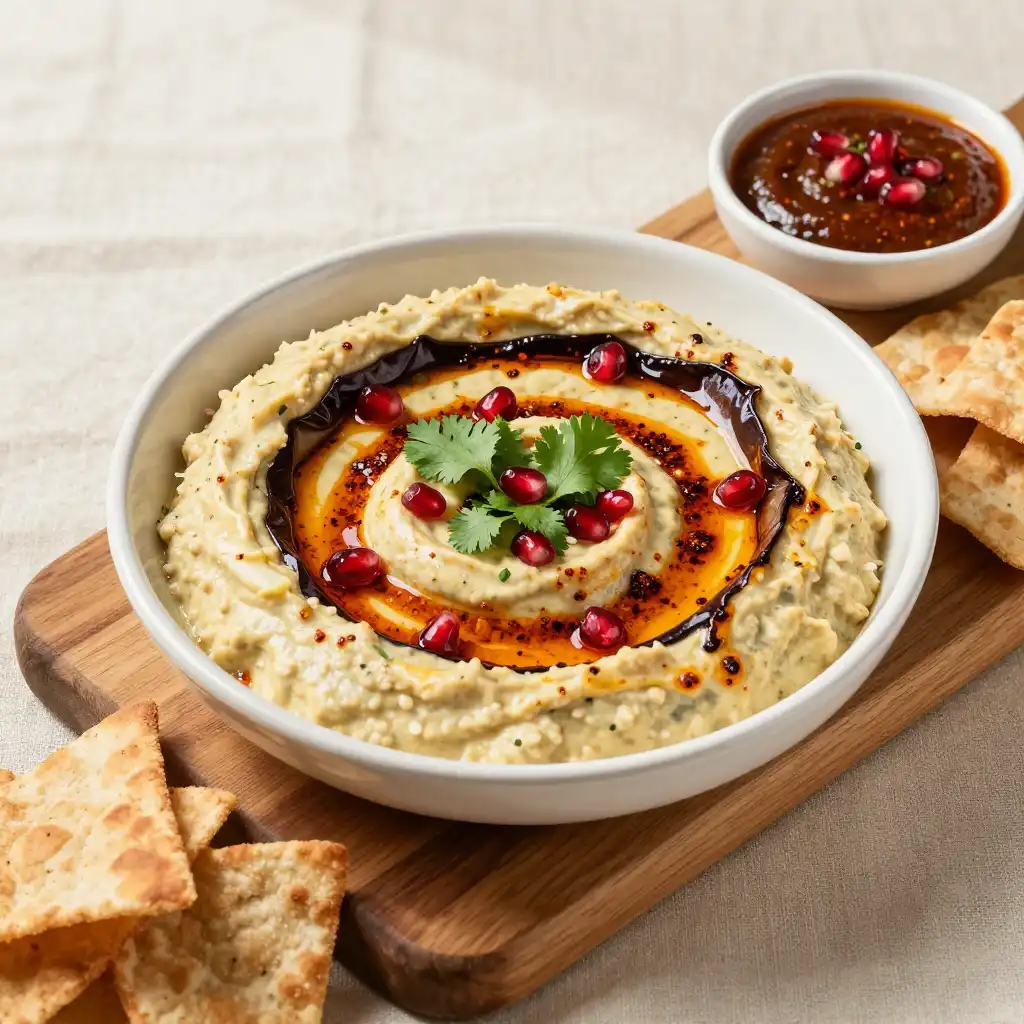 One-Hour Charred Moroccan Eggplant Dip with Spicy Chermoula Drizzle plated dish