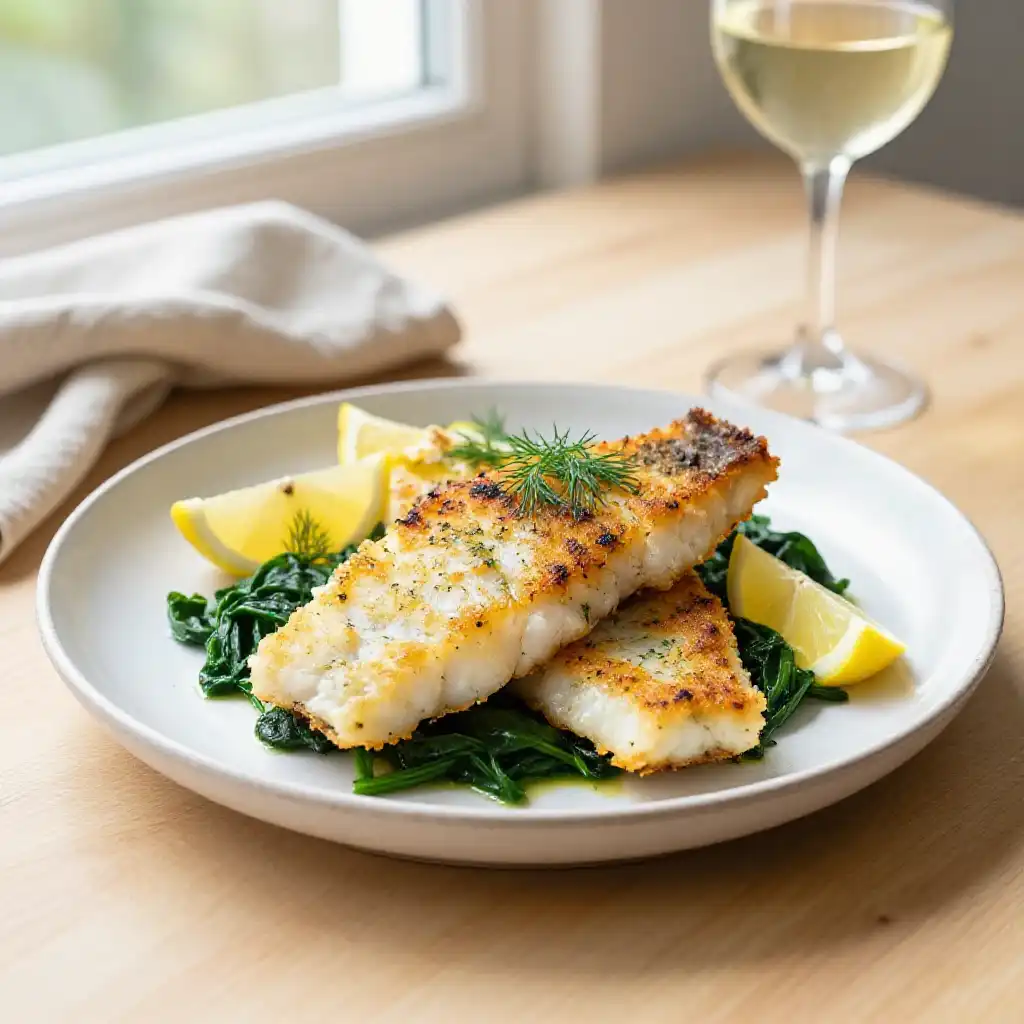 One-Hour Stovetop Smoky Flaky Greek Lemon-Herb Cod Fillets plated dish