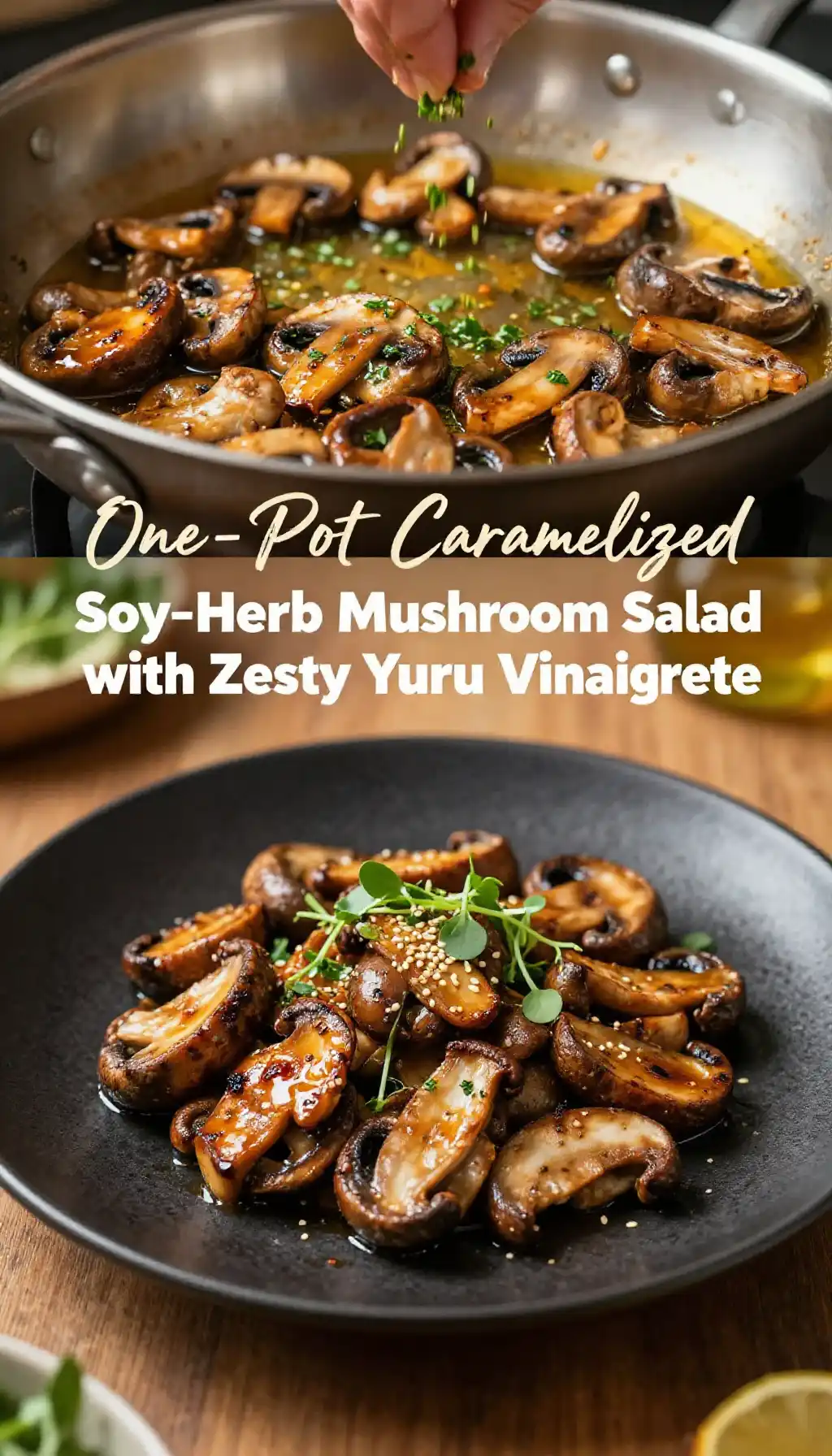 One-Pot Caramelized Soy-Herb Mushroom Salad with Zesty Yuzu Vinaigrette pinterest pin