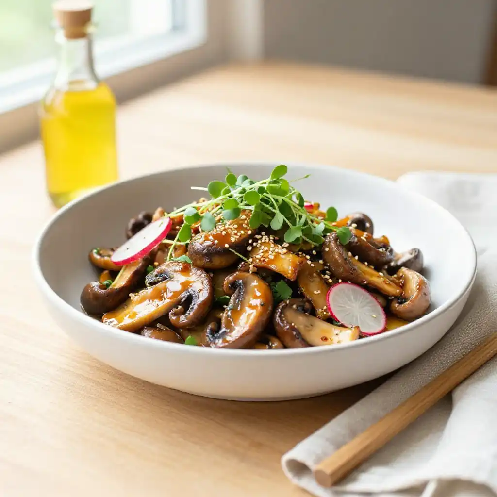 One-Pot Caramelized Soy-Herb Mushroom Salad with Zesty Yuzu Vinaigrette plated dish