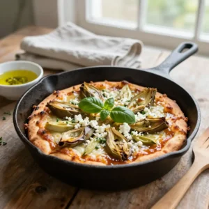 Step by step One-Pot Caramelized Umami Mediterranean Pizza Skillet with Artichoke Hearts