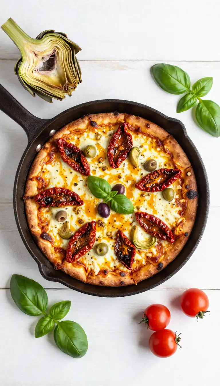 One-Pot Caramelized Umami Mediterranean Pizza Skillet with Artichoke Hearts