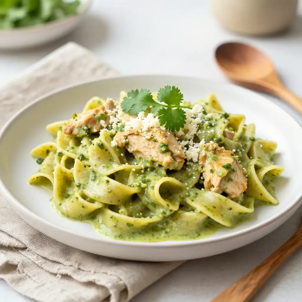 One-Pot Creamy Aji Verde Chicken Pasta: Weeknight Peruvian High-Protein Feast plated dish