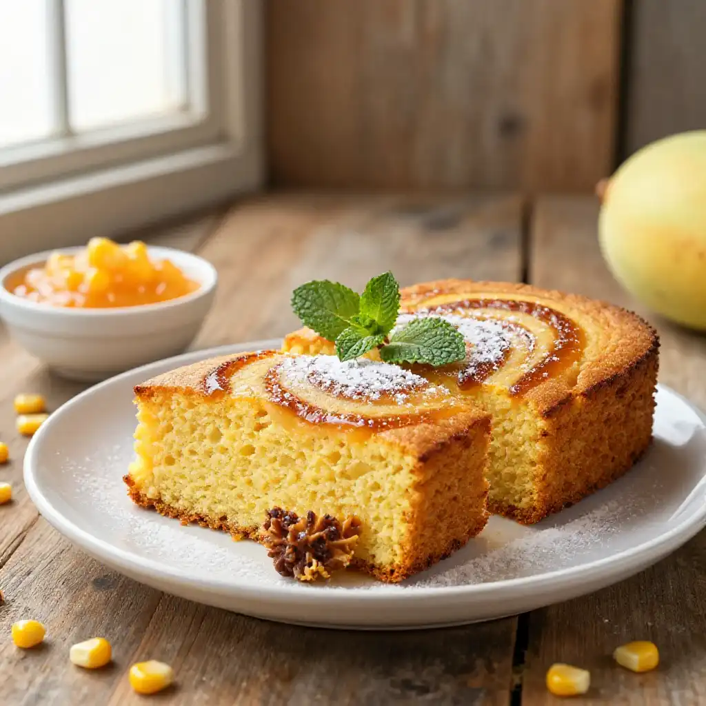 One-Pot Fluffy Brazilian Sweet-Spicy Cornbread with Guava Swirl plated dish
