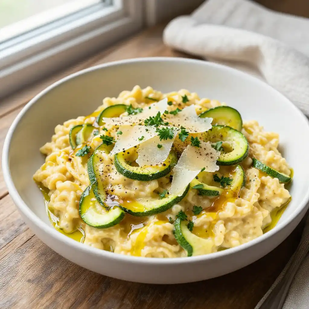 One-Pot Fluffy Caramelized French Bistro Low-Carb Zucchini Carbonara plated dish