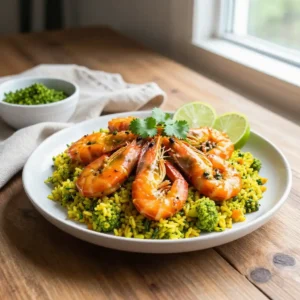 Step by step One-Pot Juicy Peruvian Sweet-Sour Prawns with Zesty Ají Verde Cauliflower Rice