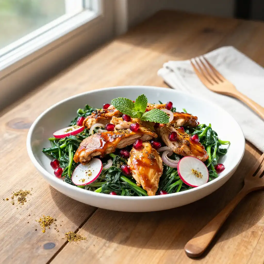 One-Pot Silky Caramelized Lebanese Chicken Salad with Sumac Onions plated dish