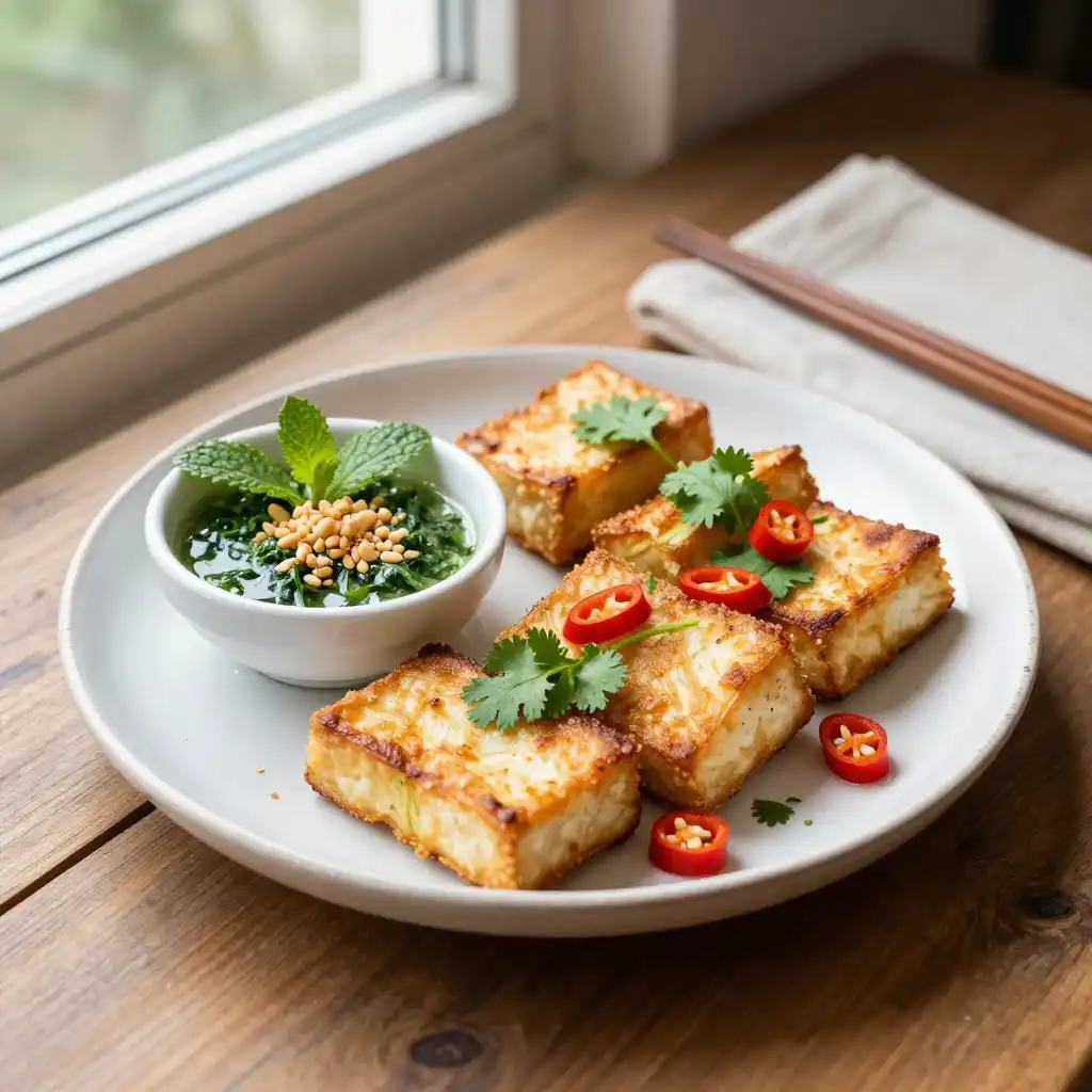 Pan-Fried Crispy Vietnamese Lemongrass Tofu Bites with Zesty Herb Dip plated dish