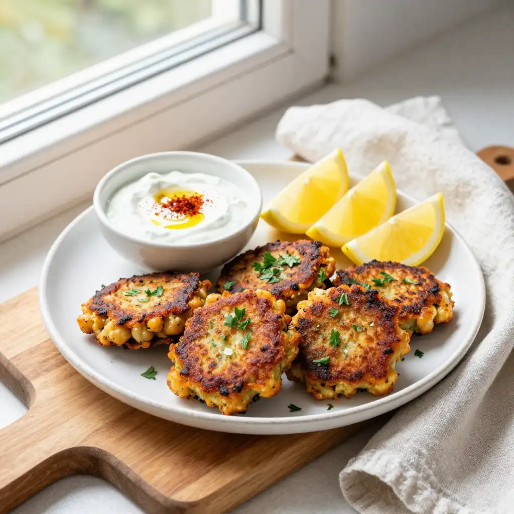 Pan-Fried Crunchy Zesty Spiced Chickpea Fritters: Grandma's High-Fiber Secret plated dish