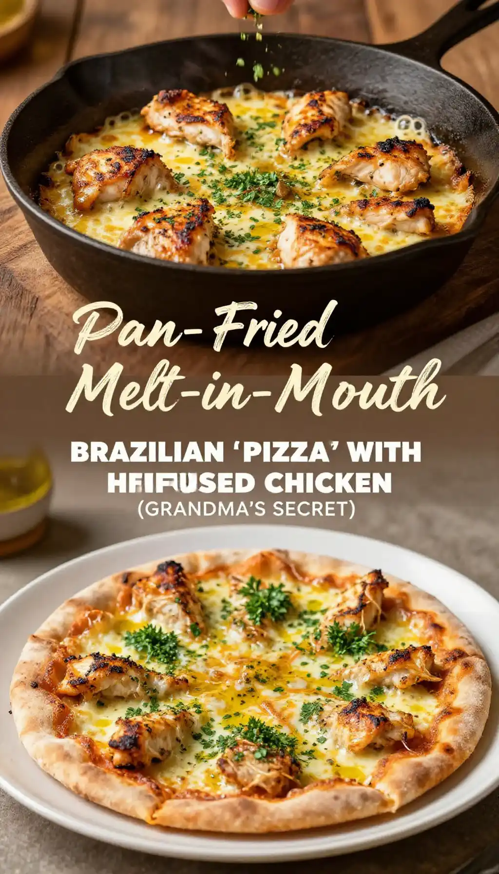 Pan-Fried Melt-in-Mouth Brazilian 'Pizza' with Herb-Infused Chicken (Grandma's Secret) pinterest pin