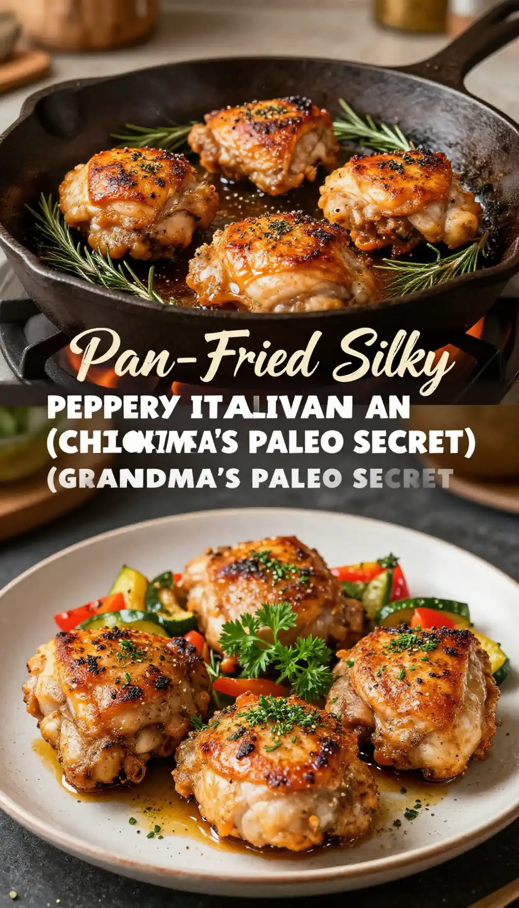 Pan-Fried Silky Peppery Italian Chicken Thighs (Grandma's Paleo Secret) pinterest pin
