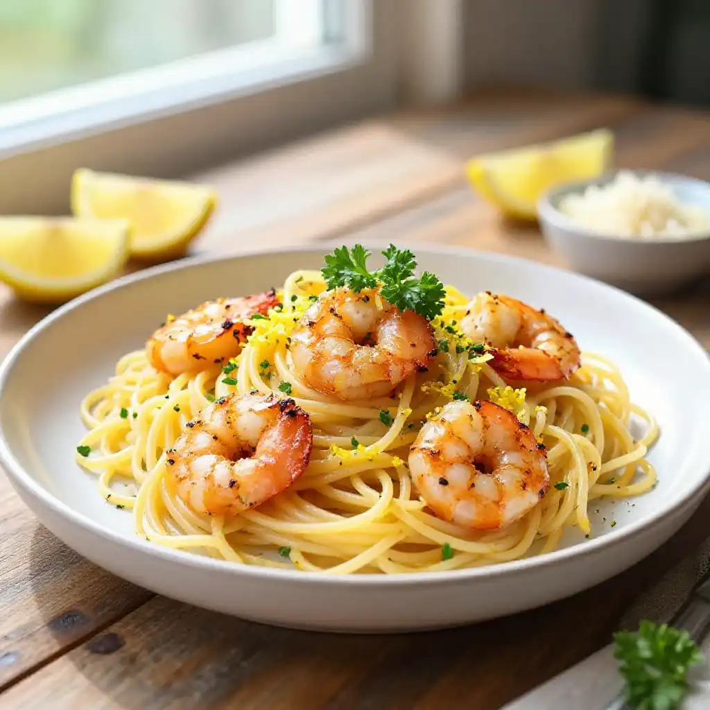 Pan-Fried Zesty Lemon Garlic Shrimp Pasta: Viral TikTok Freezer Meal plated dish