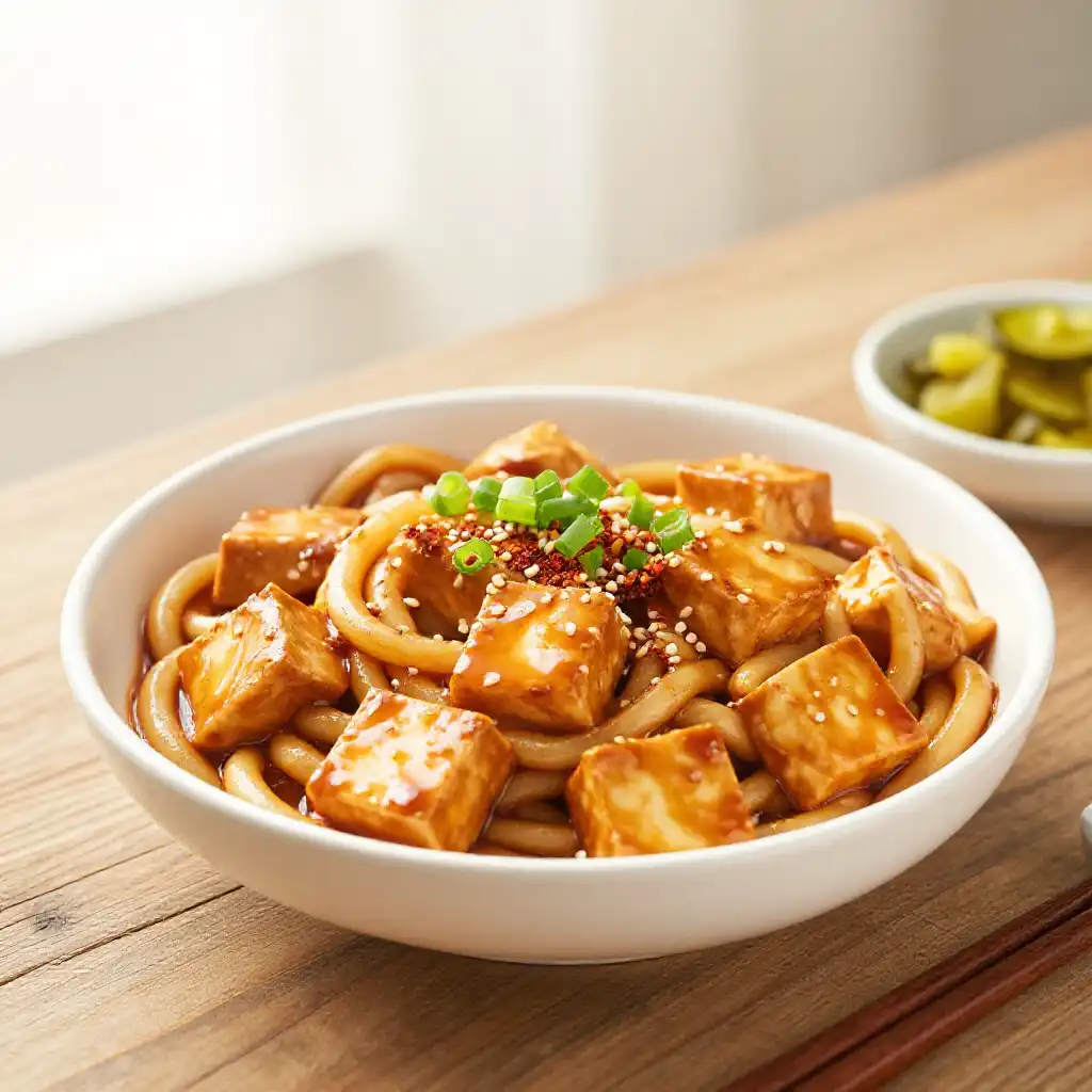 Pressure Cooker Caramelized Gochujang Tofu Udon with Zesty Miso Glaze plated dish