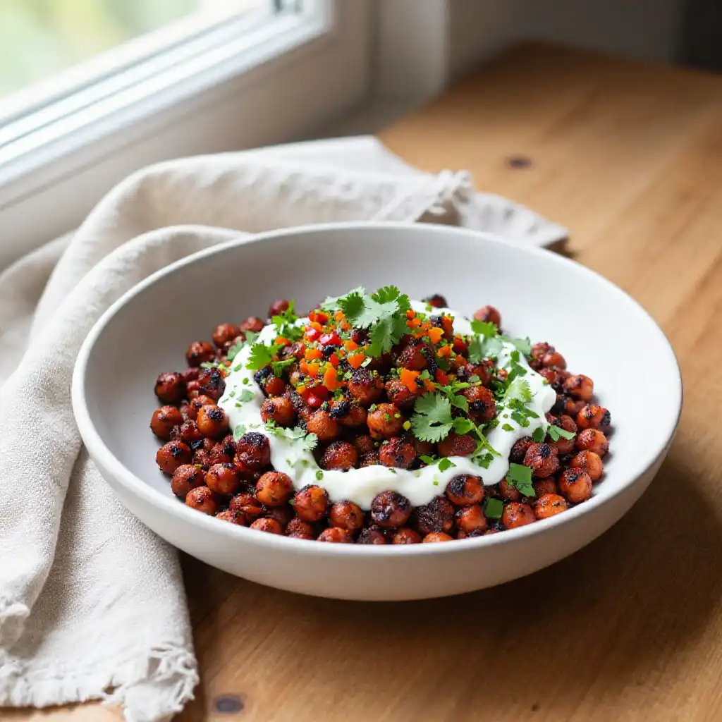 Pressure Cooker Charred Harissa Chickpea Bowls with Zesty Pepper Relish plated dish