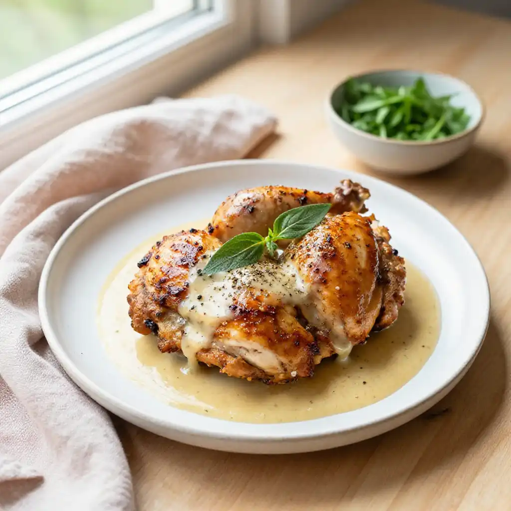 Pressure Cooker Juicy French Tarragon Chicken with Herbed Dairy-Free Sauce plated dish