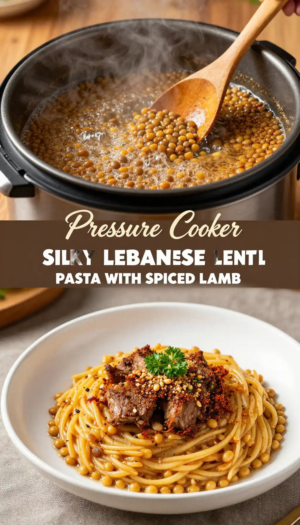 Pressure Cooker Silky Lebanese Lentil Pasta with Spiced Lamb