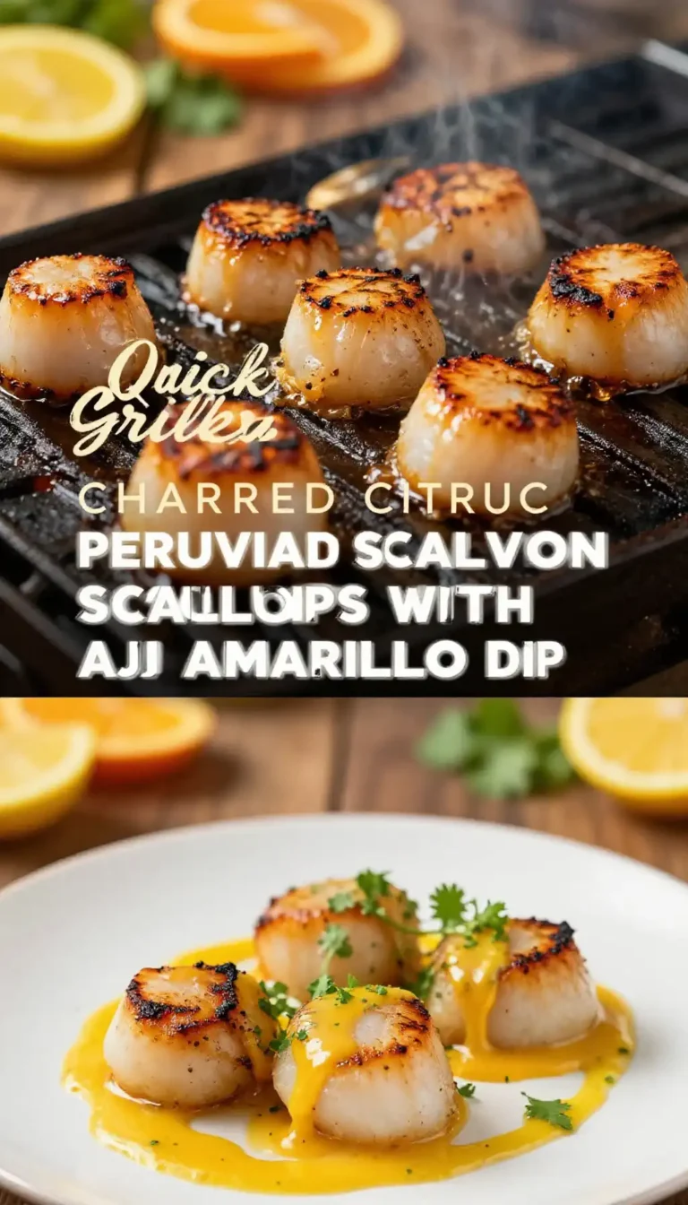 Quick Grilled Charred Citrus Peruvian Scallops with Aji Amarillo Dip