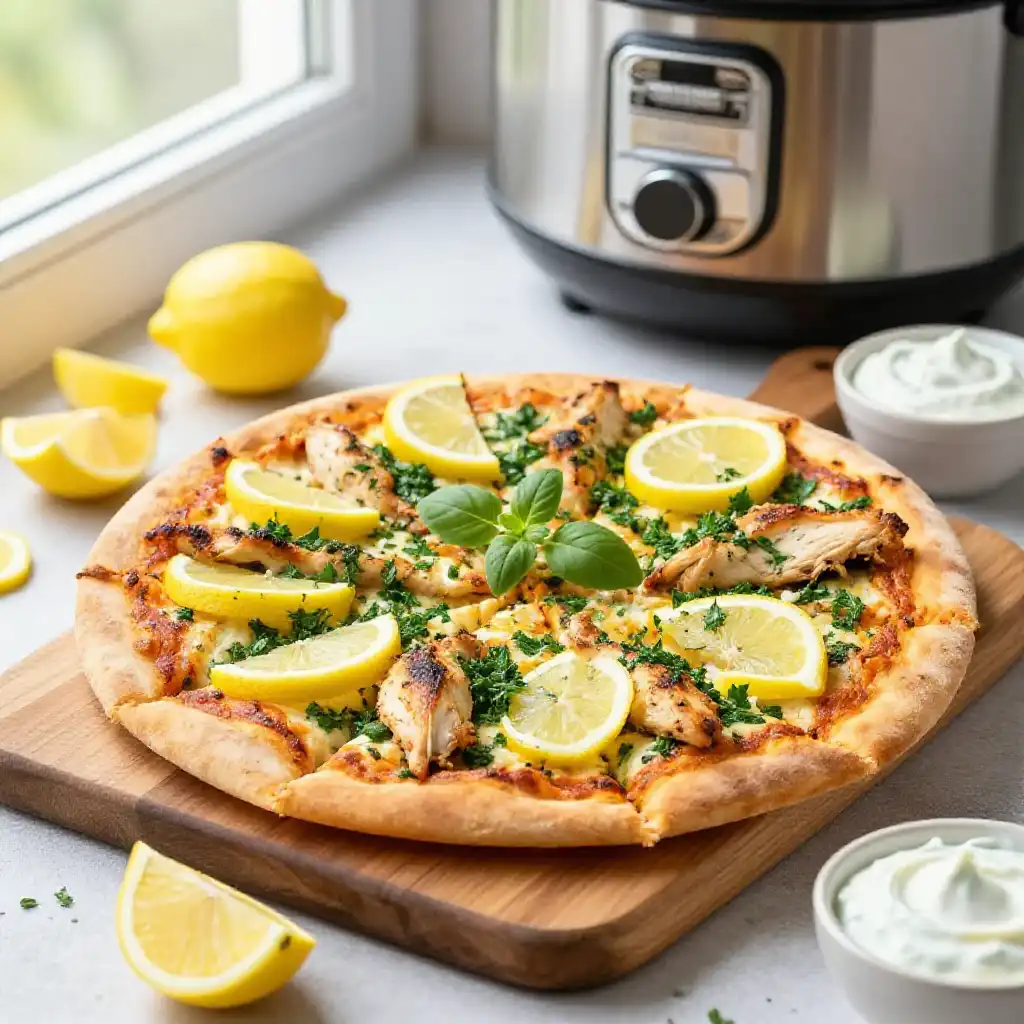 Quick Pressure Cooker Buttery Greek Lemon-Herb Chicken Pizza plated dish