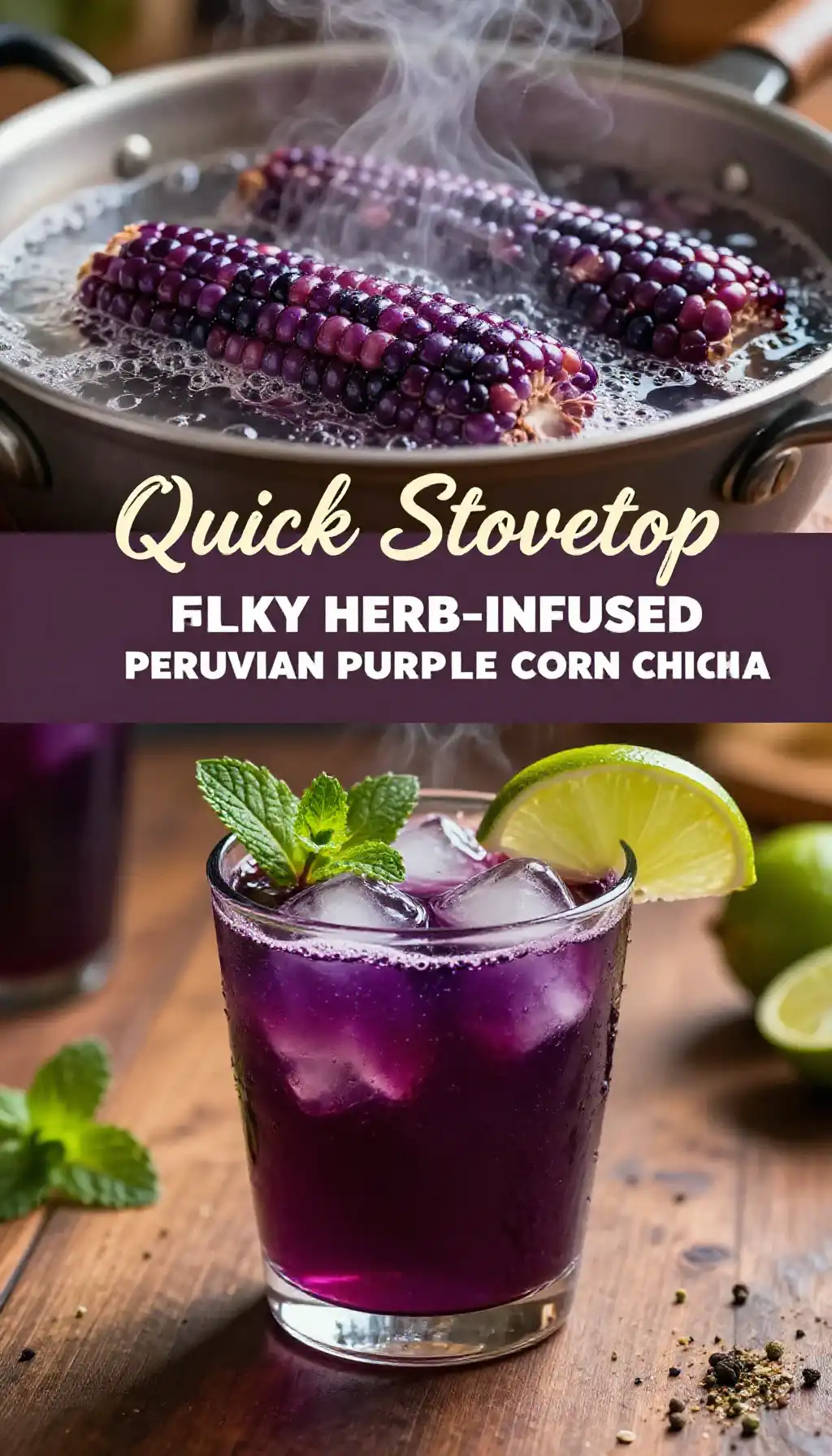 Quick Stovetop Flaky Herb-Infused Peruvian Purple Corn Chicha pinterest pin