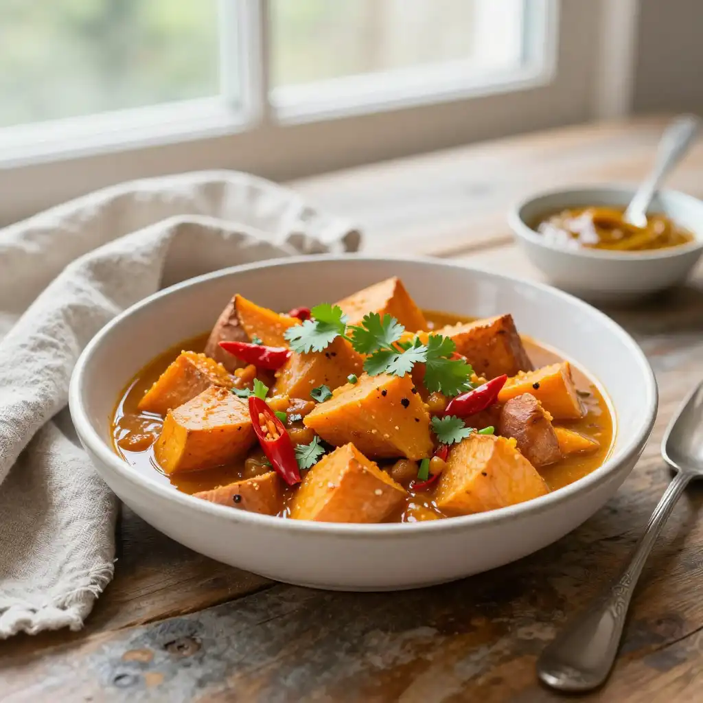 Roasted Buttery Peruvian Sweet Potato Stew with Aji Amarillo plated dish