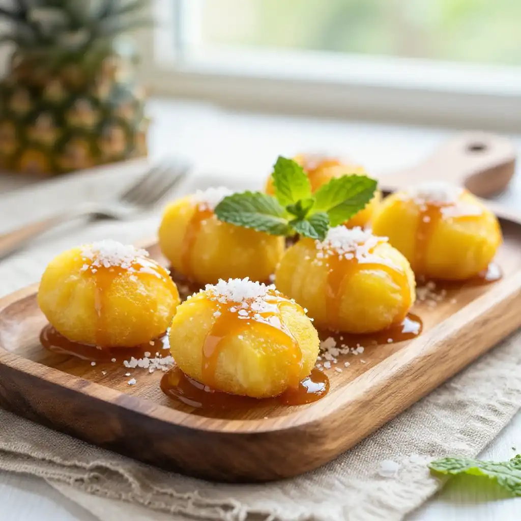 Roasted Golden Peppery Pineapple Pops with Coconut Caramel Drizzle plated dish