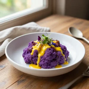 Step by step Roasted Peppery Purple Sweet Potato Cloud with Zesty Lucuma Drizzle