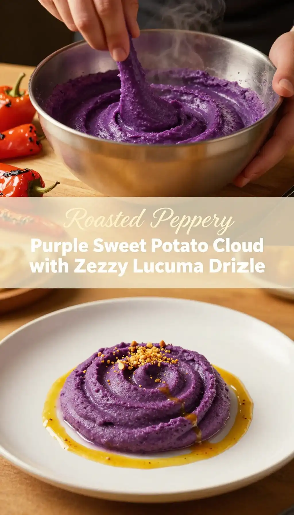 Roasted Peppery Purple Sweet Potato Cloud with Zesty Lucuma Drizzle