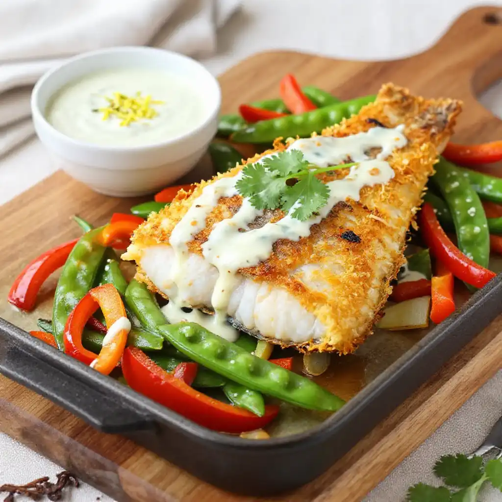 Sheet Pan Flaky Ginger-Turmeric Cod with Creamy Thai Coconut Sauce plated dish