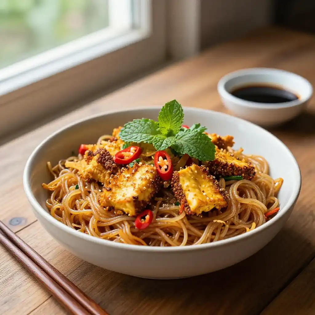 Slow Cooker Smoky Vietnamese Fluffy Jackfruit Lemongrass Bún Chay plated dish