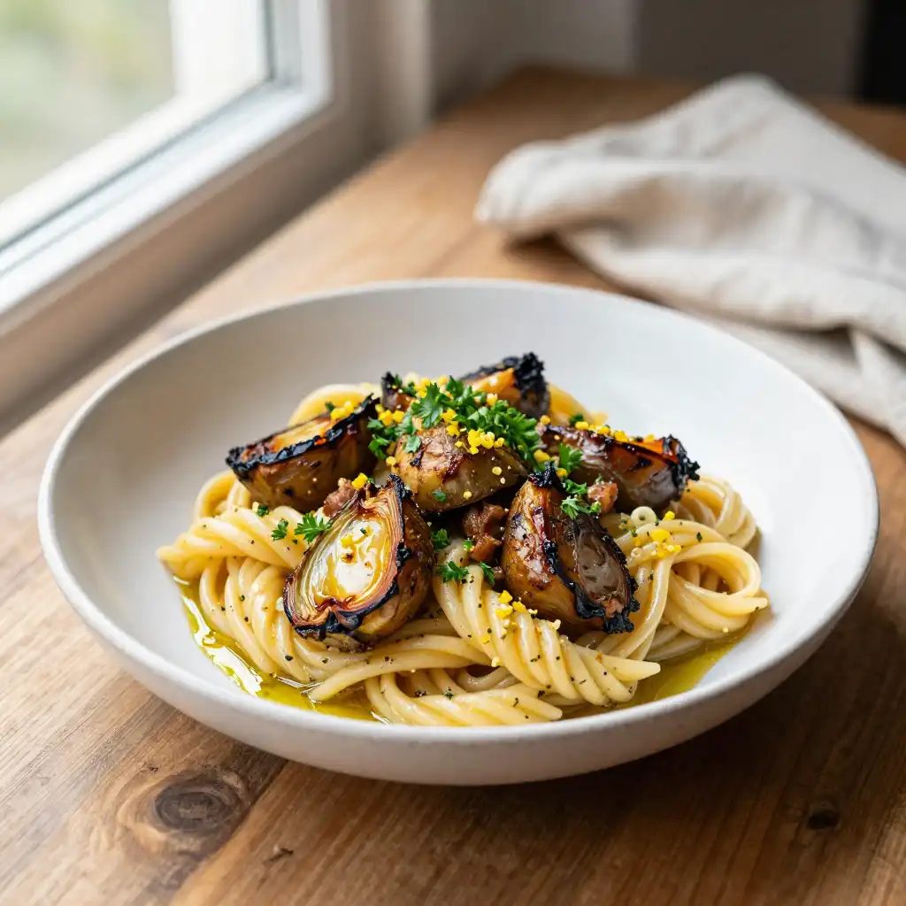 Stovetop Juicy Lemon-Herb Lamb Pasta with Charred Artichokes (Sugar-Free) plated dish
